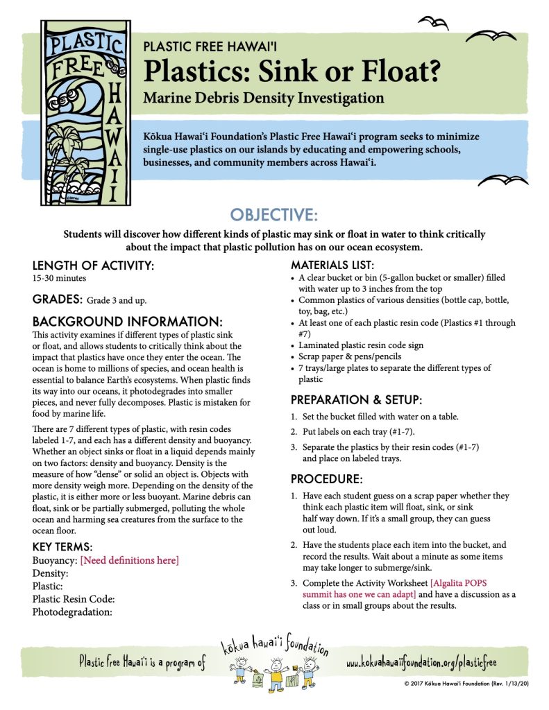 PFH Plastics Sink or Float? Kokua Hawaii Foundation