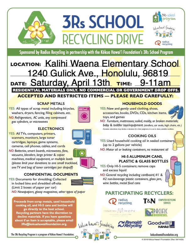 3Rs School Recycling Drive at Kalihi Waena Elementary School - Kokua ...